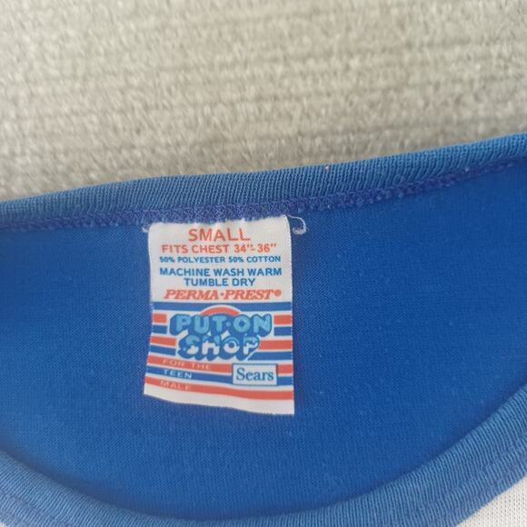 Vintage 70s T Shirt Mens S Blue Perma Prest Sears Varsity Race Stripe Ringer - Picture 3 of 8